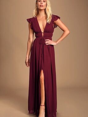 Women’s Deep V Burgundy Maxi Dress with Waist Tie